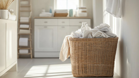 A wooden wicker laundry basket overflowing with clothes, with detergent and washing supplies nearby, in a bright laundry room.の素材