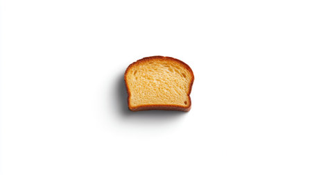 A single slice of toast bread with golden-brown crust resting in the center of a clean white backgroundの素材