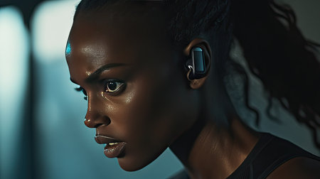 Close-up of a focused female athlete wearing wireless earbuds while running on a treadmillの素材