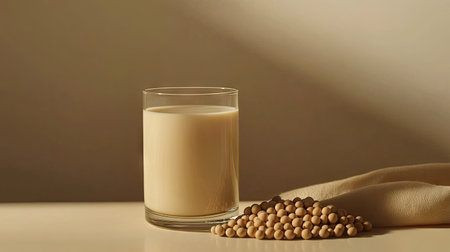 Clean and fresh composition of soy milk poured into a clear glass next to a small heap of soybeans, evoking a natural, healthy vibeの素材