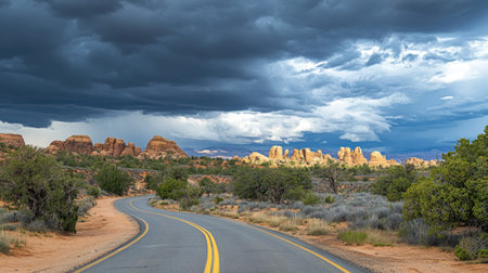 A road with yellow lines running through a barren, rocky desert under a dramatic cloudy sky.の素材