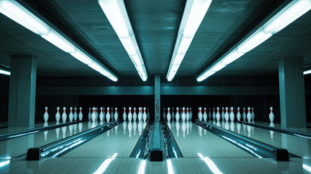 Bowling pins being precisely arranged under bright fluorescent lights, ready for the next frameの素材