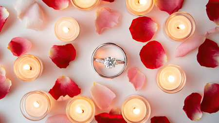 A romantic flat lay of diamond wedding rings, surrounded by candles and rose petals for a soft, intimate feel.の素材