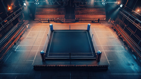 A top-down view of an empty boxing ring in a large venue with empty bleachers in the background.の素材