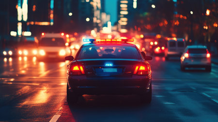 A view of a police car with flashing red and blue lights at a dark city intersection, with other vehicles in the distance and glowing streetlights.の素材