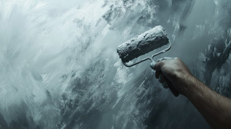 A roller covered in light gray paint held by a hand, gliding across a ceiling in even strokes.の素材