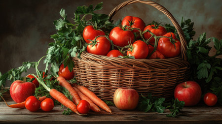 A wooden basket overflowing with ripe tomatoes, carrots, and apples, set on a rustic wooden table with fresh herbs scattered around.の素材