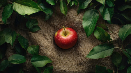 A single red apple surrounded by green leaves, placed on a rustic burlap surface.の素材