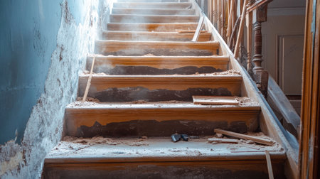 A staircase under renovation, with tools and unfinished wood steps in a dusty environment.の素材
