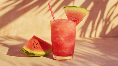 Close-up of a refreshing watermelon slushie in a glass with a straw and fresh watermelon slice on a light textured surfaceの素材