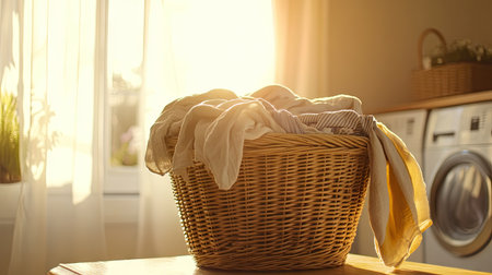 A wooden wicker basket filled with used clothes, ready for washing, sitting in a laundry room with soft sunlight streaming in.の素材