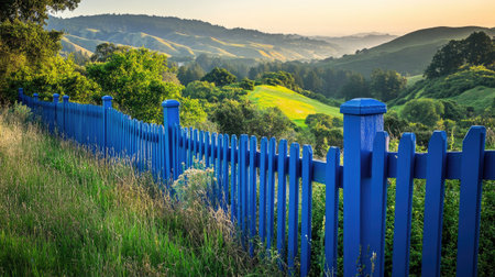 A vibrant bleu aluminum fence set against a serene landscape of rolling hills and lush green trees, with soft natural lighting.の素材