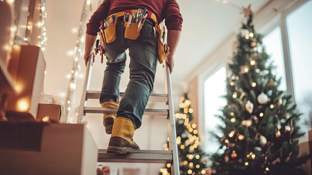 A professional contractor climbing a ladder with safety shoes and a tool belt in a partially built home.の素材
