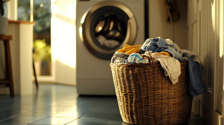 A wicker laundry basket filled with dirty clothes and socks, placed next to a washing machine in a well-lit laundry area.の素材