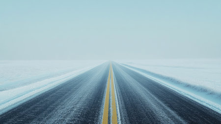 A snow-dusted road with two yellow lines cutting through a serene winter landscape.の素材