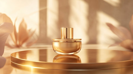 A product displayed on a golden luxury pedestal, surrounded by subtle reflections and soft-focus light, enhancing its grandeur.の素材