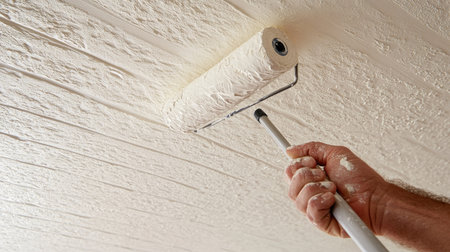 A roller on an extension pole, held by a hand, applying soft cream-colored paint to a ceiling.の素材