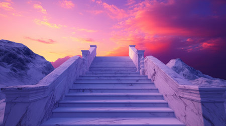 A staircase carved out of marble leading up to a colorful twilight sky with pink and purple hues.の素材