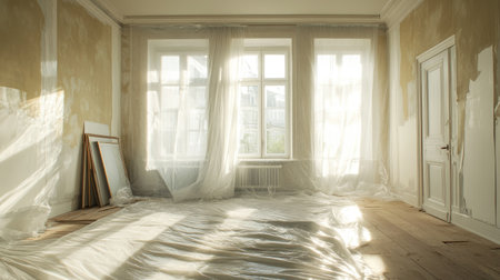 A sunlit room with plastic sheeting covering the floors and furniture during renovation.の素材