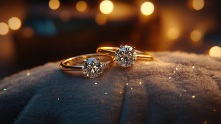 A shot of two sparkling diamond rings with fine detailing, lying on a plush cushion with ambient light.の素材