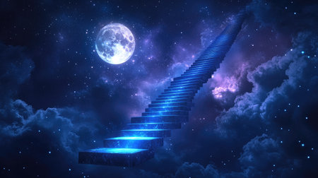A stairway with luminous steps floating in the air, rising into a starry night sky with a glowing moon.の素材