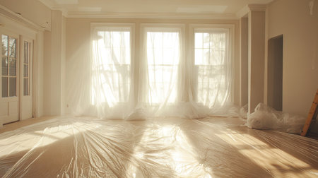 A sunlit room with plastic sheeting covering the floors and furniture during renovation.の素材