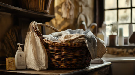 A rustic wooden wicker basket filled with clothes ready for the washing machine, with soap, fabric softener, and a laundry bag nearby.の素材