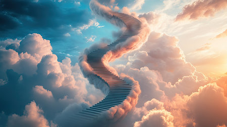 A spiral staircase ascending into the sky, disappearing into soft, cotton-like clouds.の素材