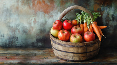 A rustic wooden basket filled with ripe fruits and vegetables, including apples, carrots, and tomatoes, with a soft-focus background.の素材