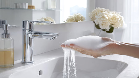 A person washing their hands with soap under clean, running water, with foam forming on their hands in a bright bathroom setting.の素材
