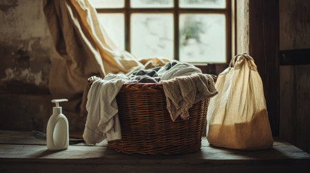A rustic wooden wicker basket filled with clothes ready for the washing machine, with soap, fabric softener, and a laundry bag nearby.の素材