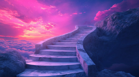 A staircase carved out of marble leading up to a colorful twilight sky with pink and purple hues.の素材