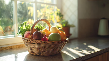 A wooden basket filled with colorful fresh fruits and vegetables, placed on a kitchen counter with sunlight streaming through the window.の素材