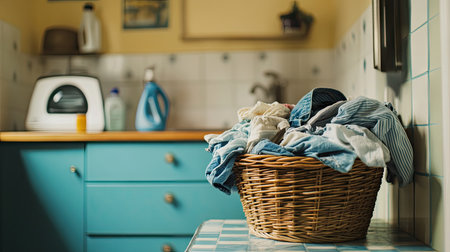 A wicker basket overflowing with used clothes, placed on a counter in a laundry room, with a clothes iron and detergent nearby.の素材
