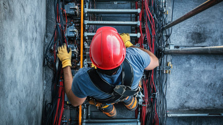 A technician in safety shoes and a hard hat climbing a ladder to work on electrical wiring.の素材