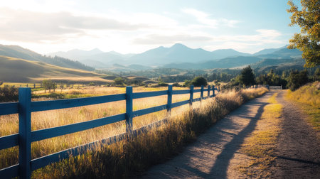 A serene landscape featuring a bleu aluminum fence, with mountains in the distance and a bright, clear sky overhead.の素材