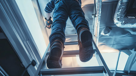 A technician with tools in hand climbing a step ladder in safety shoes while working on an HVAC system.の素材