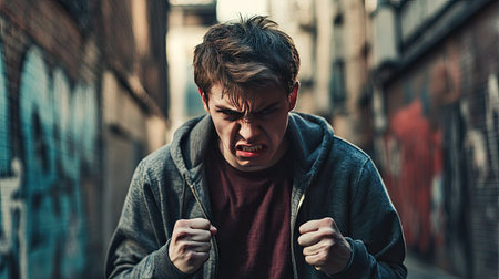 A young man clenches his fists and glares at the ground in frustration while standing in an urban alley.の素材