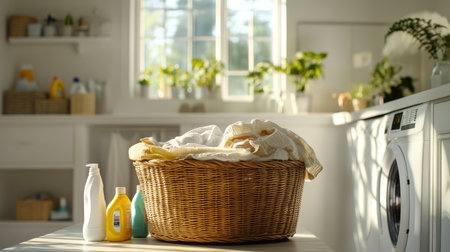 A wooden wicker laundry basket overflowing with clothes, with detergent and washing supplies nearby, in a bright laundry room.の素材