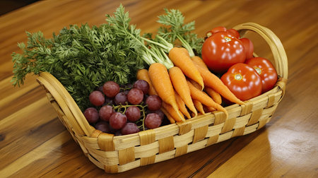 A wooden basket filled with a variety of fresh fruits and vegetables, such as tomatoes, carrots, and grapes, arranged beautifully on a wooden table.の素材