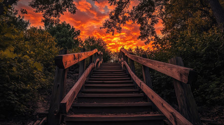 A rustic wooden stairway surrounded by trees, leading upward into a vibrant sky full of orange and red sunset tones.の素材
