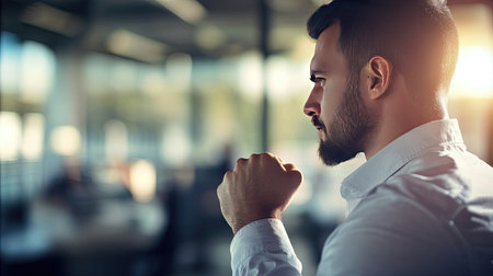 A side profile of a man clenching his fist, with a blurred background of a busy office.の素材