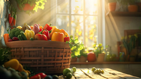 A wooden basket overflowing with colorful fruits and vegetables, set in a cozy kitchen with sunlight pouring through the windows.の素材