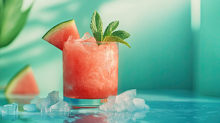 A refreshing watermelon slushie in a clear glass with crushed ice and mint sprigs on a bright, minimal surfaceの素材
