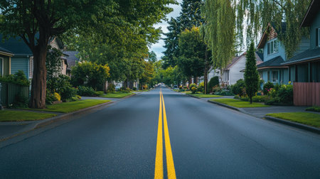 A serene suburban street with yellow center lines and neat houses lining both sides.の素材