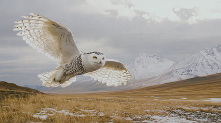 A majestic snowy owl in flight with mountains in the distance, showcasing its striking white plumageの素材