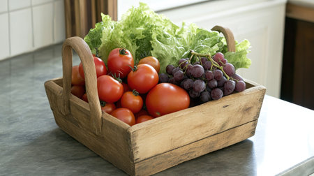 A wooden basket filled with fresh produce, including bright red tomatoes, lettuce, and grapes, sitting on a kitchen counter.の素材