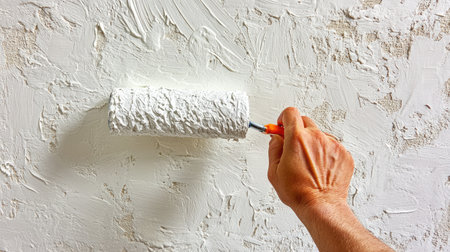 A person's hand gripping a roller while painting a ceiling in a modern home renovation setting.の素材