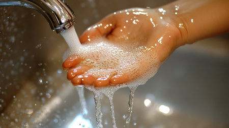 A person washing their hands under running water, with soap lathering and droplets visibly flowing off their hands in a clean bathroom.の素材