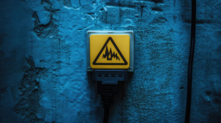 A caution sign next to an ethernet cable, symbolizing a network vulnerability warning.の素材